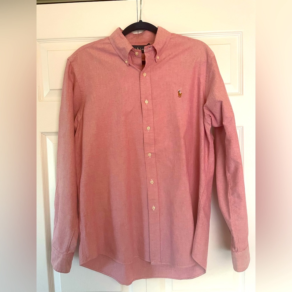 Ralph Lauren Mens L salmon pink button down oxford long sleeves w logo